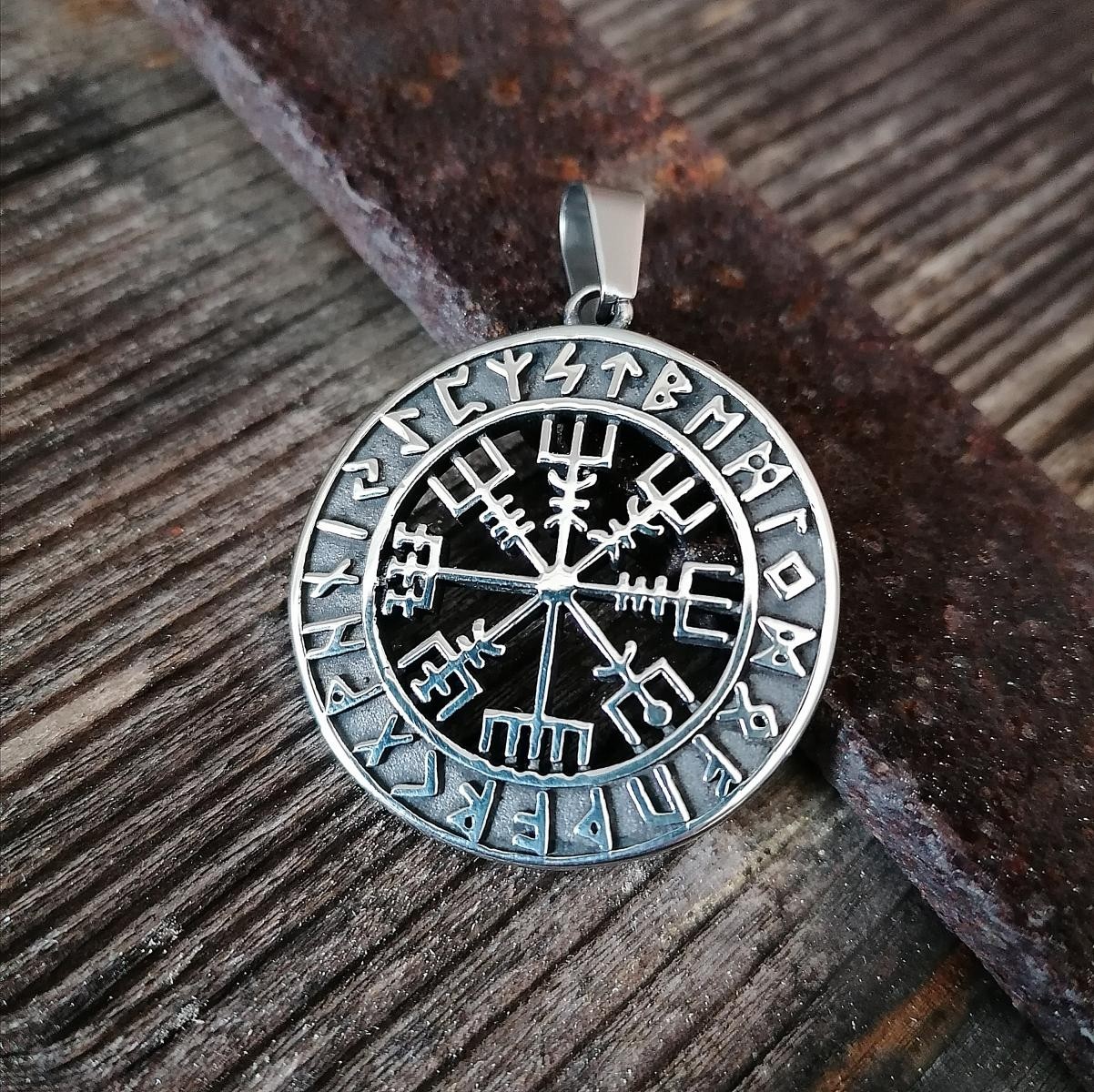 Edelstahl Anhänger - Wikinger Kompass mit Runenkreis - Vegvisir